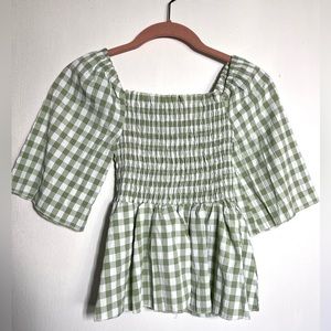 Shein Gingham Print Shirred Peplum Top Sage and White Size XS NWOT